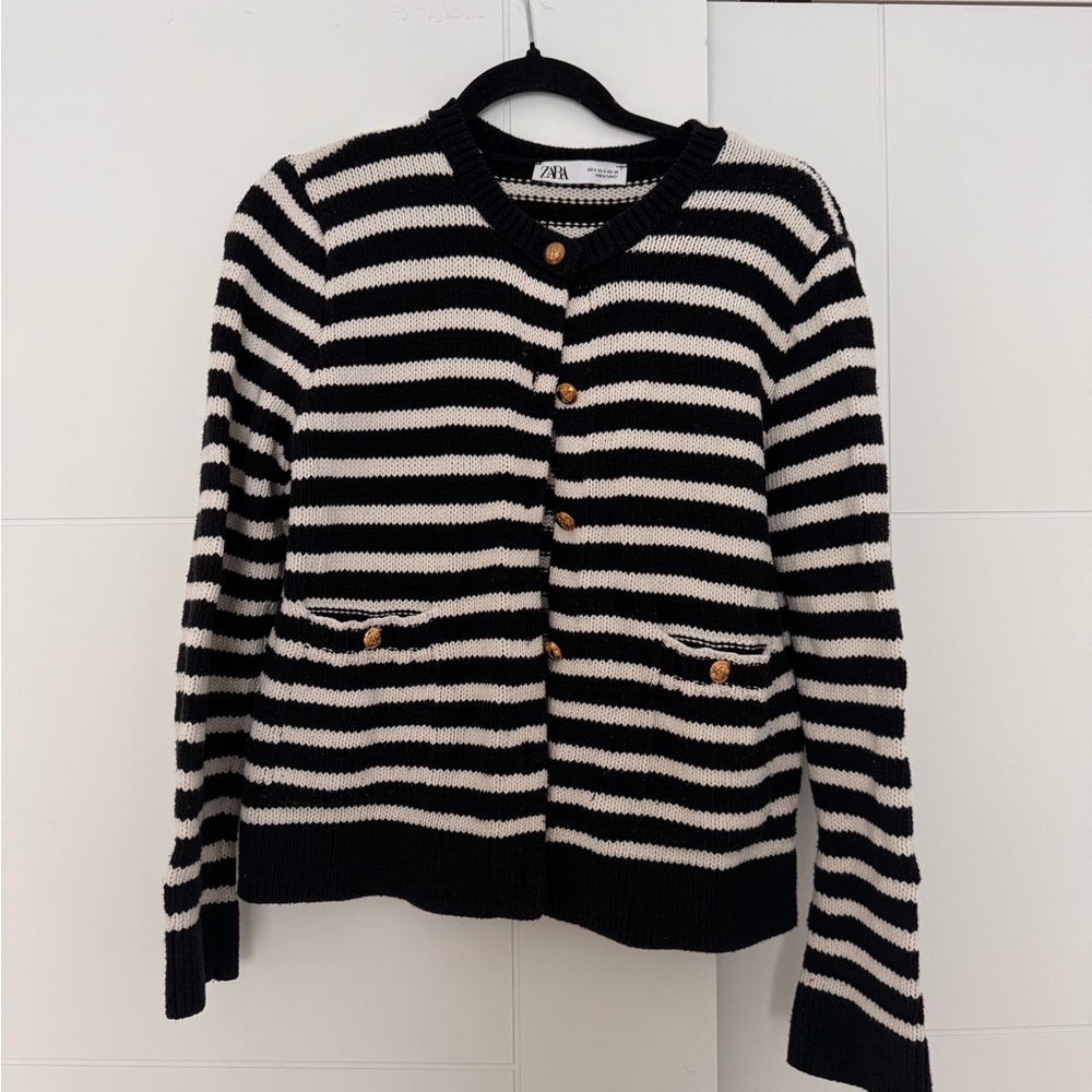 Zara Black and White Striped Knit Cardigan with Crew Neck